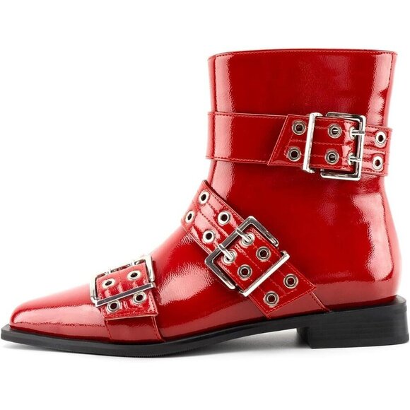 🆕Women Red Ankle Wide Buckle Boots Pointed Toe Low Heel Boot Pull Fashion Boots - Picture 2 of 8